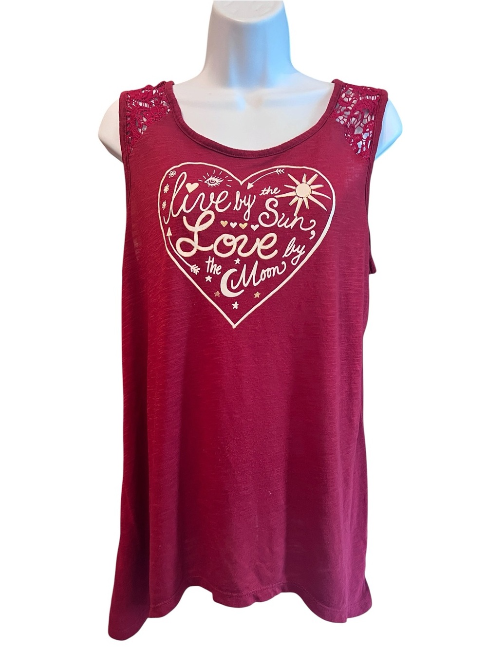Jerry Leigh Live by the Sun Love by the Moon Tank Top Lace Juniors L Red